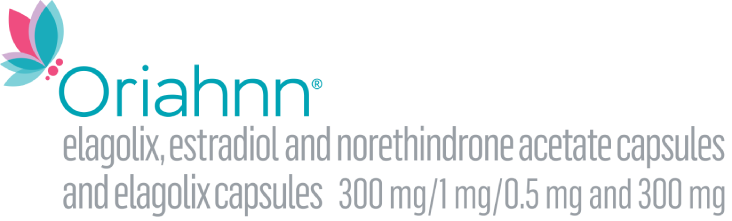 ORIAHNN™ (elagolix, estradiol, and norethindrone acetate capsules; elagolix capsules) logo.